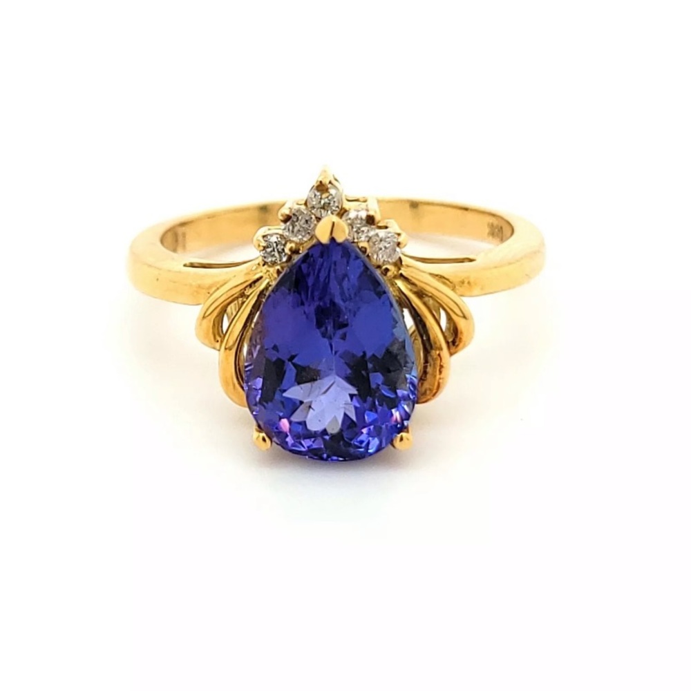 14K Yellow Gold Pear Shape 3.09 Genuine Natural Tanzanite & Diamond Ring #7 NWT